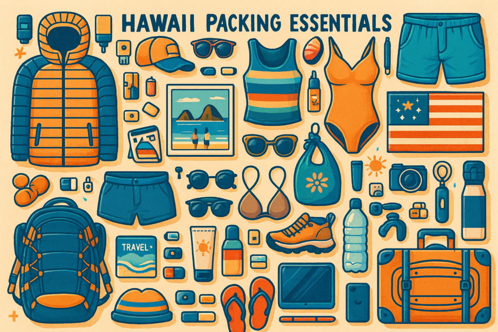 Illustration colorée représentant des vêtements, accessoires et équipements à emporter pour Hawaii : maillot de bain, veste, tongs, sac à dos, crème solaire, caméra, lunettes de soleil, gourde et drapeau hawaïen