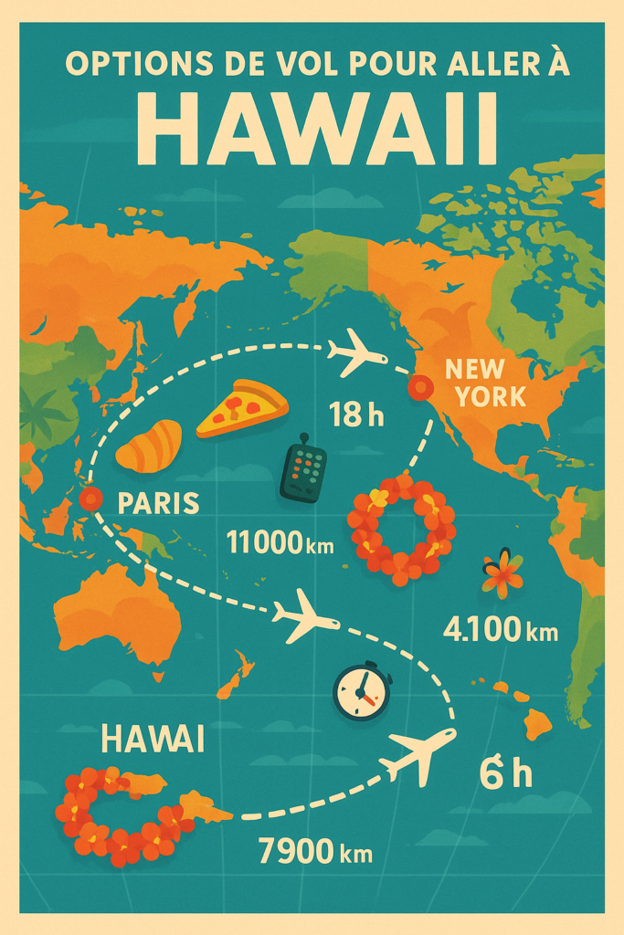 Carte infographique stylisée montrant trois trajets aériens vers Hawaii : Paris → Hawaii (11 000 km, 18 h) avec icônes croissant, part de pizza et télécommande ; New York → Hawaii (7 900 km) avec une couronne de fleurs ; Los Angeles → Hawaii (4 100 km, 6 h) avec une horloge, le tout tracé par des pointillés blancs sur un océan turquoise.