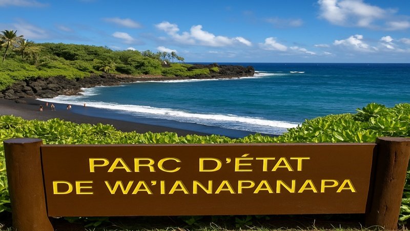 Vue panoramique sur la plage de sable noir du parc d'État de Waianapanapa à Maui, bordée de végétation tropicale et de falaises volcaniques