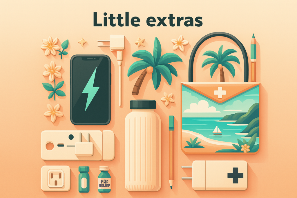 Illustration à plat de petits objets essentiels pour voyager : adaptateur de prise, bouteille d’eau, téléphone, médicaments, trousse de secours et sac tropical sur fond pastel