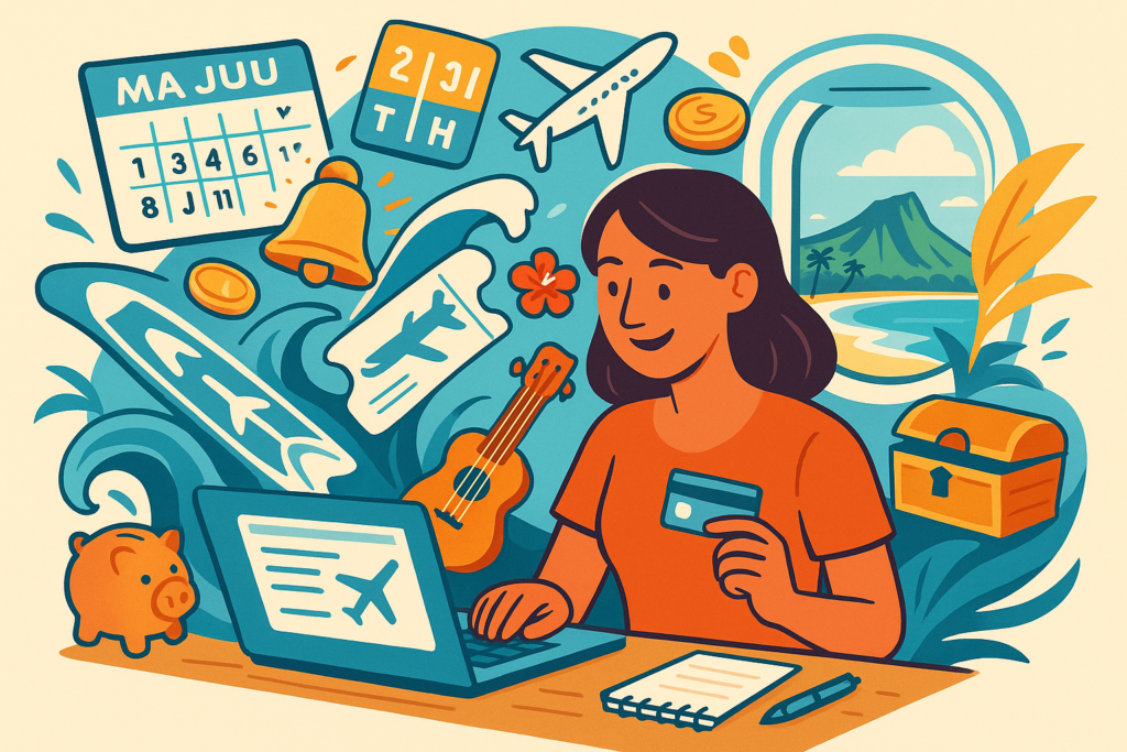 Voyageuse assise à un bureau réservant un vol pour Hawaii sur son ordinateur ; autour d’elle flottent un calendrier, une cloche d’alerte, un billet‑surf, un ukulélé, un cochon‑tirelire, des pièces de monnaie et, dans un hublot, le volcan Diamond Head.