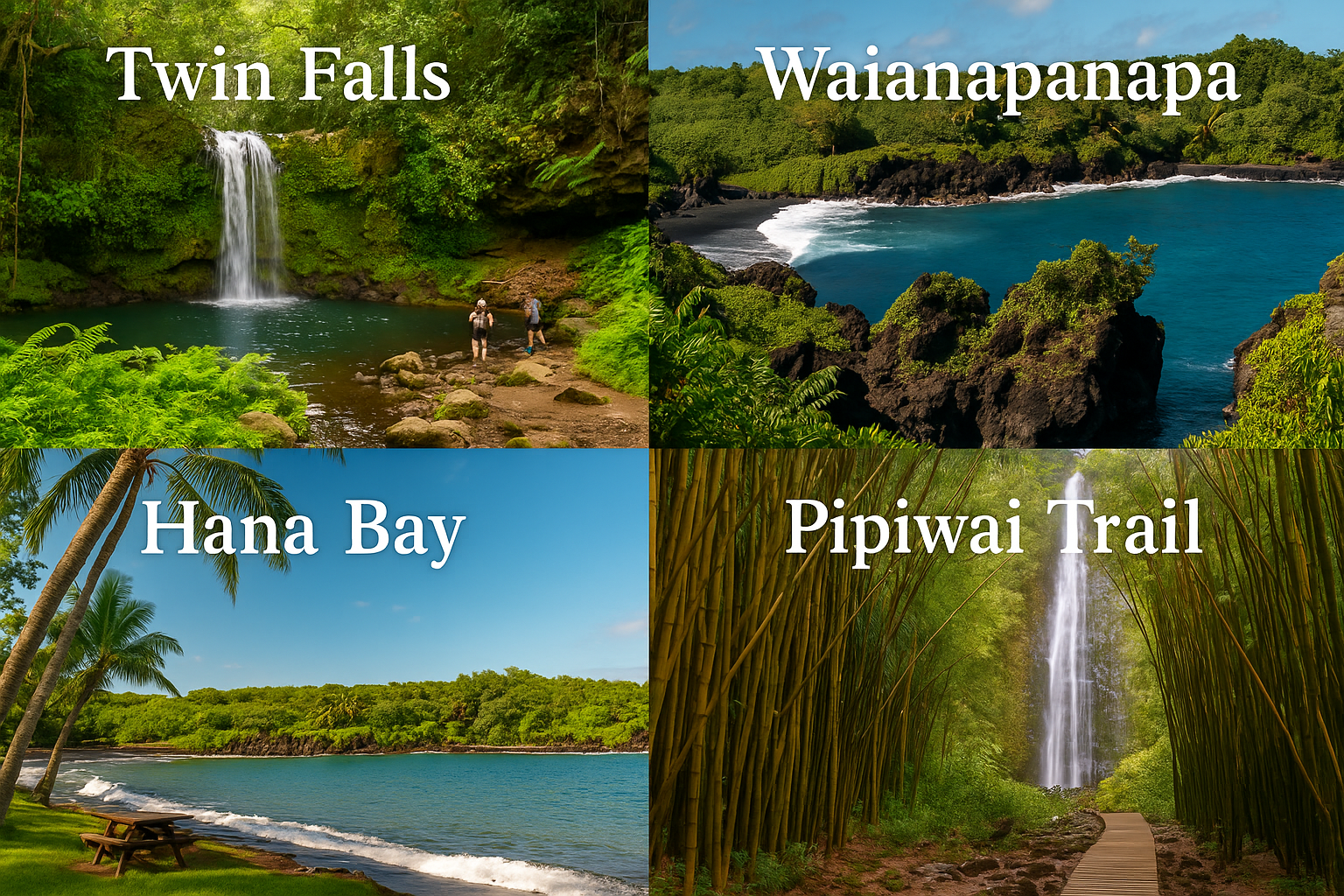 Collage illustrant Twin Falls, Waianapanapa, Hana Bay et le Pipiwai Trail sur la route de Hana à Maui