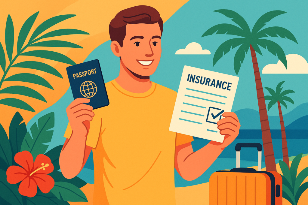 Voyageur souriant tenant une valise et un document d'assurance, prêt à partir pour Hawaii