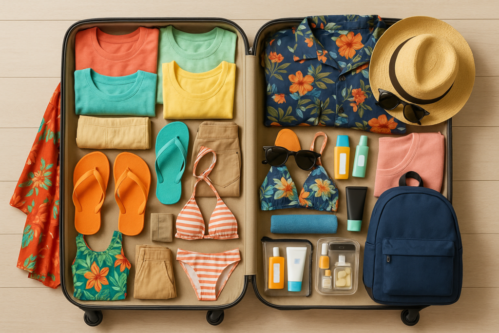 Valise ouverte soigneusement organisée avec vêtements tropicaux, maillots de bain, tongs, chapeau de paille, lunettes de soleil et produits solaires — prête pour des vacances à Hawaii