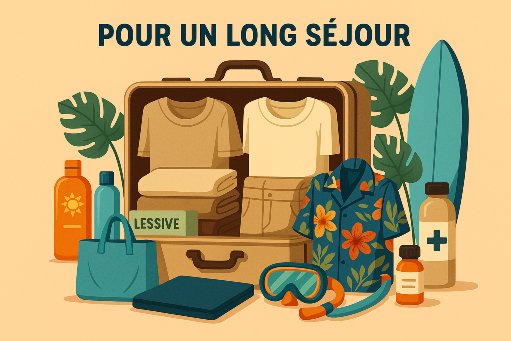 Illustration de valise ouverte contenant des vêtements légers, une chemise à fleurs, de la crème solaire, une bouteille d’eau, un sac réutilisable, de la lessive, des médicaments et un masque de snorkeling, avec un surf et des plantes tropicales en arrière-plan