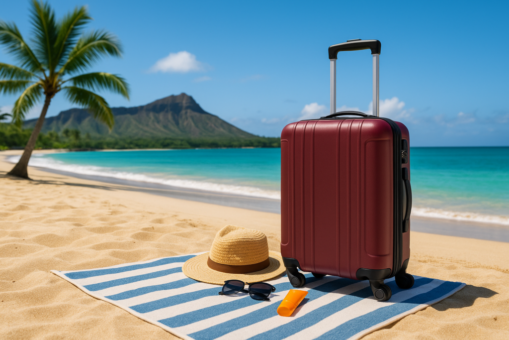 Préparation de voyage à Hawaii : valise sur une serviette de plage avec vue sur l’océan, palmiers et volcan en arrière-plan