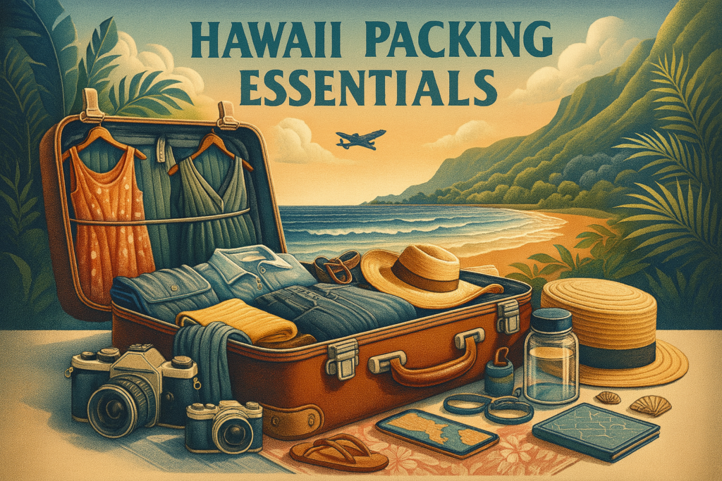 Valise ouverte avec vêtements d’été et accessoires de voyage devant une plage tropicale à Hawaii, avion en arrière-plan.