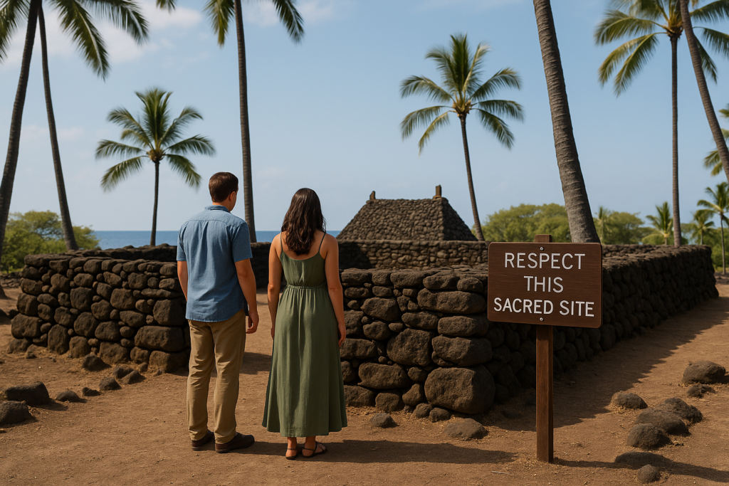 Un couple en tenue respectueuse visitant un site sacré hawaïen entouré de palmiers et de murs en pierre, avec un panneau indiquant 'Respect This Sacred Site.