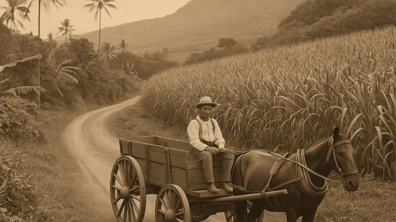 Photo ancienne d’un homme avec une charrette tirée par un cheval, sur un chemin en terre à Hawaii