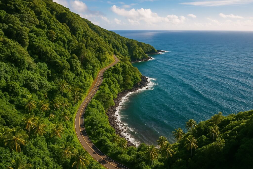Vue aérienne de la route de Hana longeant la côte est de Maui entre jungle et océan