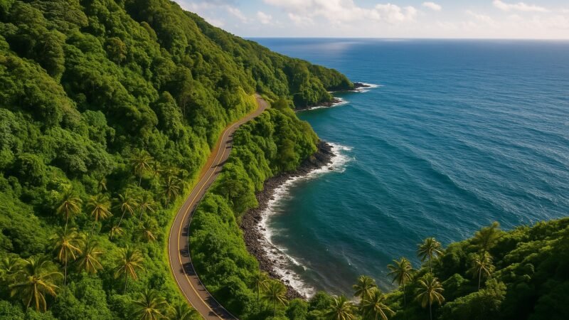 Vue aérienne de la route de Hana longeant la côte est de Maui entre jungle et océan