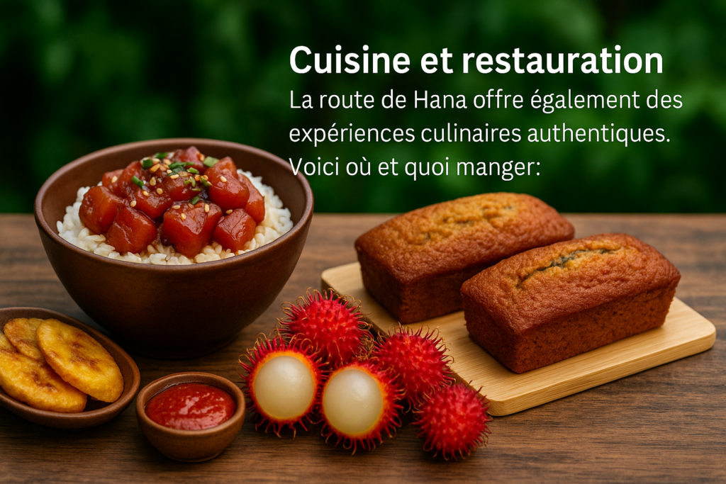 Assortiment de plats typiques de la route de Hana avec poke, pain à la banane, grillades hawaïennes et fruits tropicaux présentés dans un cadre tropical