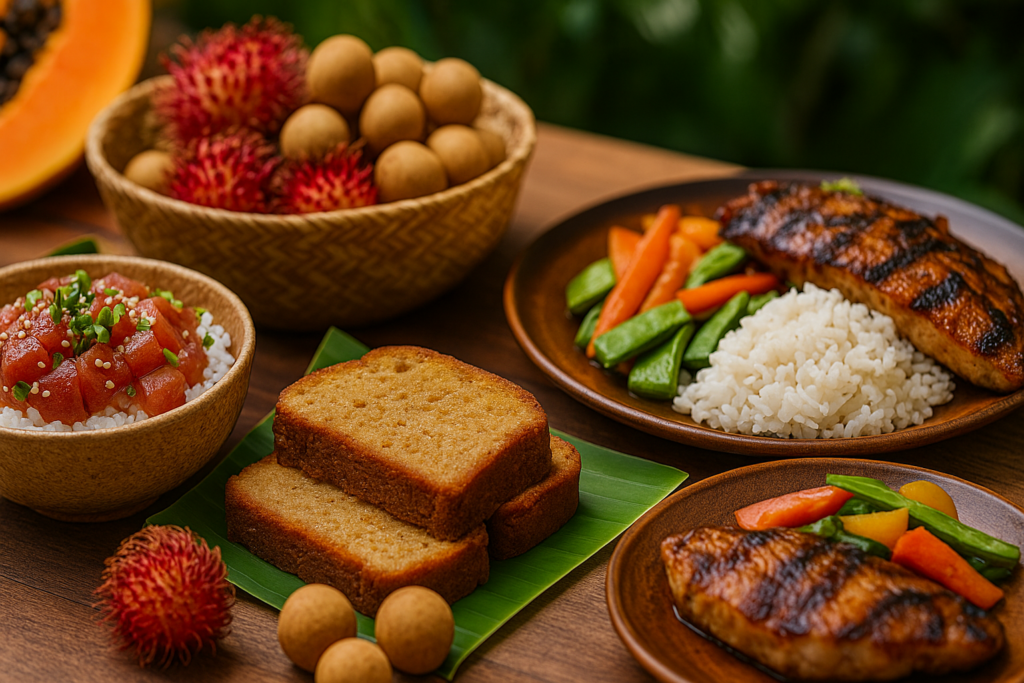 Assiette hawaïenne garnie de poke frais, pains à la banane, grillades de poisson et fruits tropicaux sur une table en bois exotique