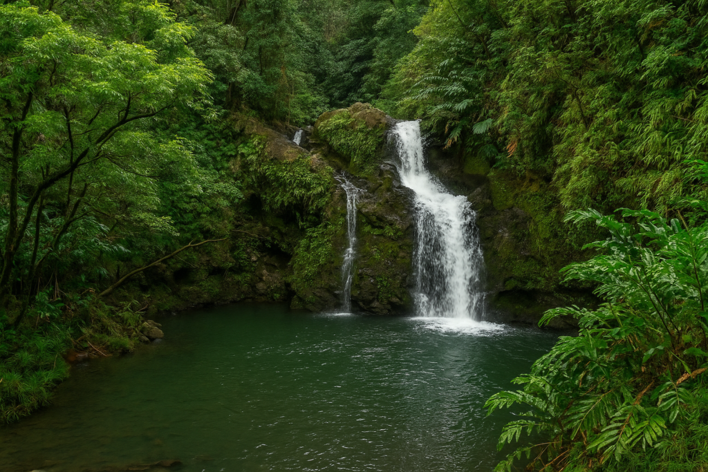 Cascade de Twin Falls à Maui plongeant dans un bassin naturel entouré de végétation tropicale