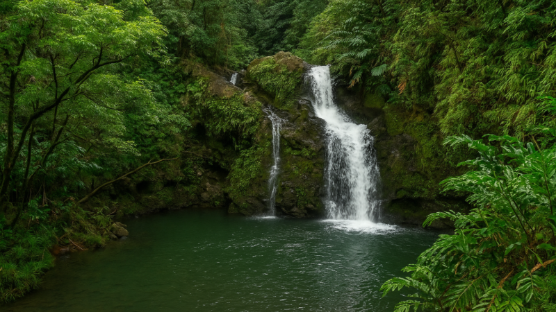 Cascade de Twin Falls à Maui plongeant dans un bassin naturel entouré de végétation tropicale