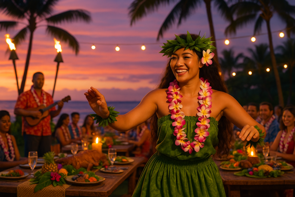 Danseuse de hula souriante lors d’un luau hawaïen au coucher du soleil, entourée d’invités, de torches tiki et de plats traditionnels