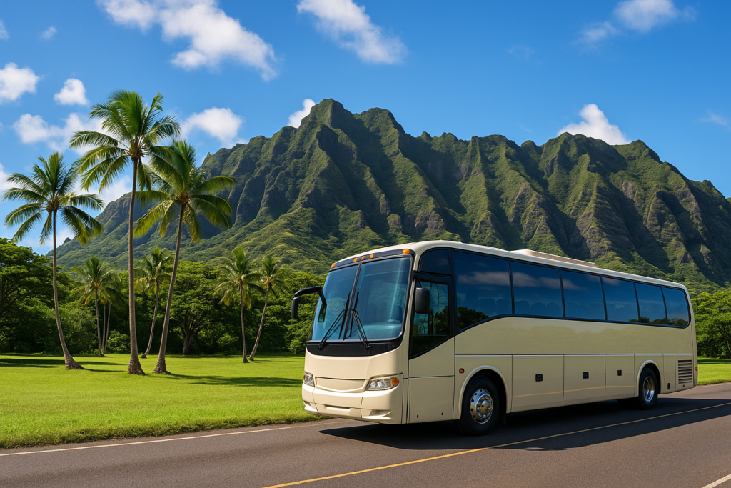Bus roulant à Hawaii avec une montagne en fond
