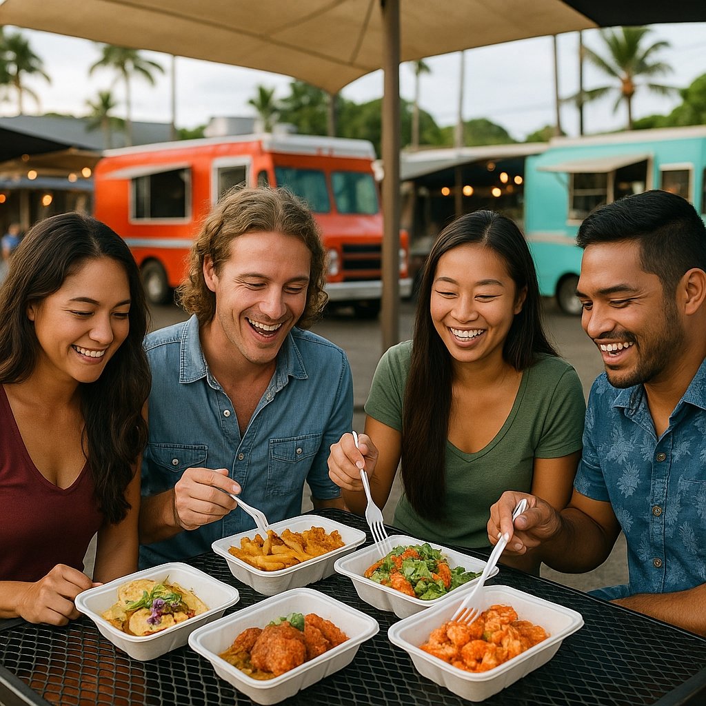 Groupe d'amis mangeant dans un food-truck