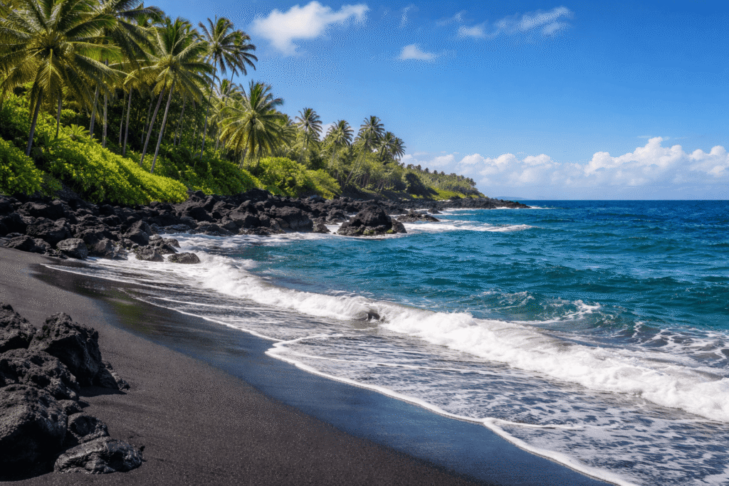 Plage de sable noir volcanique sur la côte est de Big Island, façonnée par les coulées de lave et l’océan Pacifique.