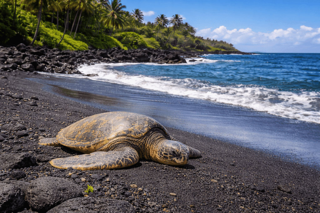 Tortues marines se reposant sur le sable noir de Punaluʻu Beach, l’une des plages volcaniques les plus célèbres de Big Island.