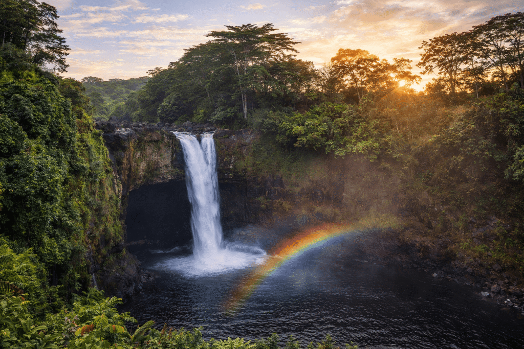 Rainbow Falls près de Hilo, célèbre cascade hawaïenne où apparaissent des arcs-en-ciel au lever du soleil.
