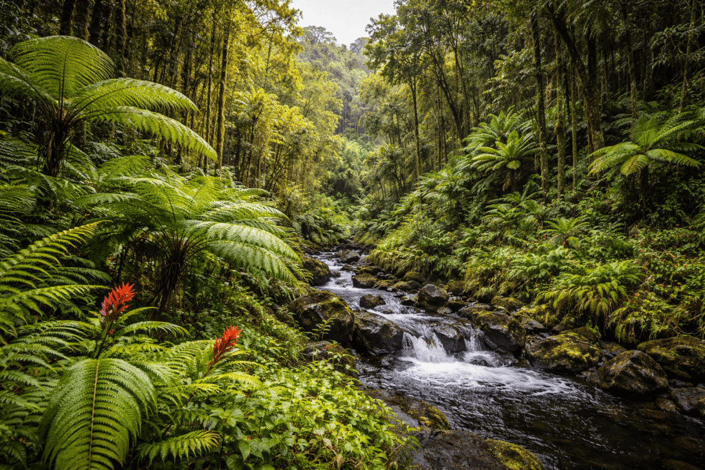 Forêt tropicale humide de la côte est de Big Island, riche en fougères géantes et biodiversité endémique.