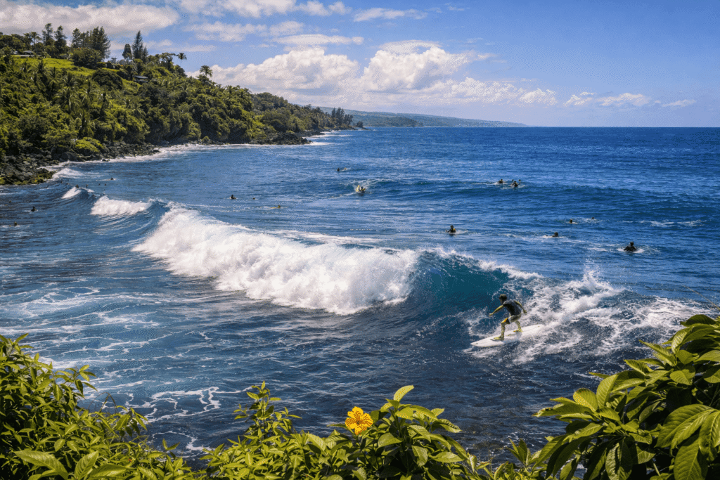 Surfeurs à Honoliʻi Beach Park, spot réputé près de Hilo sur la côte est de Big Island.