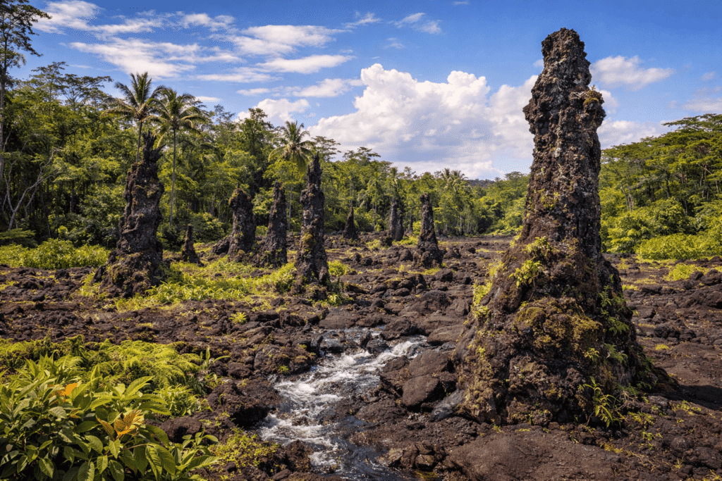 Formations de lave du Lava Tree State Monument, témoins d’anciennes éruptions volcaniques à Big Island.