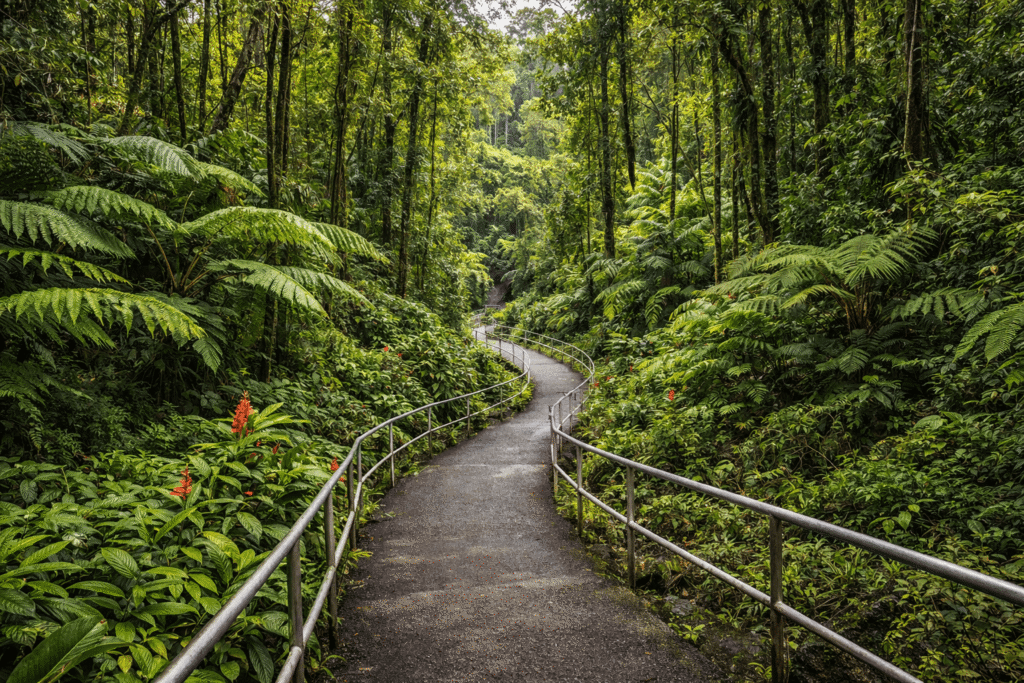 Sentier aménagé d’Akaka Falls State Park traversant une végétation tropicale dense à Big Island.