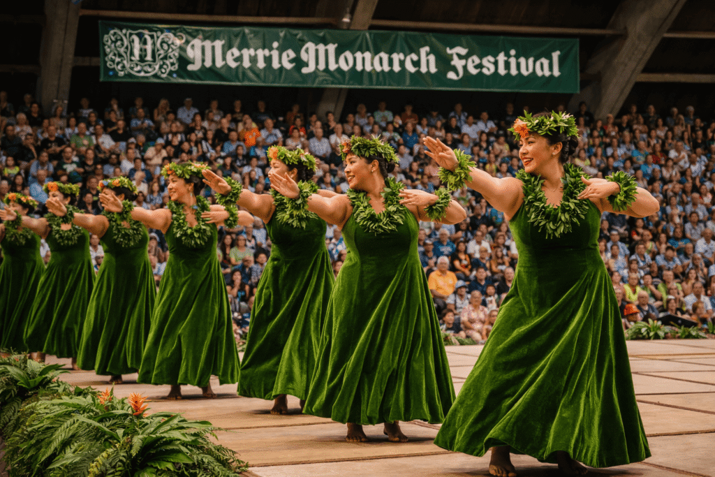 Danse traditionnelle hula lors du Merrie Monarch Festival à Hilo, célébration culturelle majeure de Big Island.