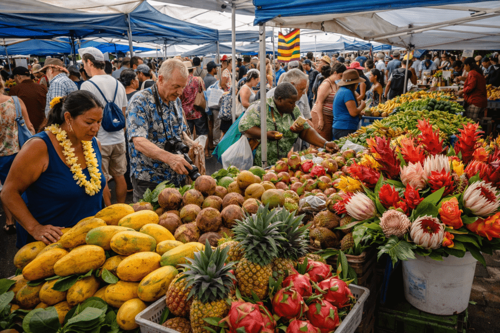 Marché de Hilo sur la côte est de Big Island, lieu incontournable pour découvrir produits locaux et culture hawaïenne.