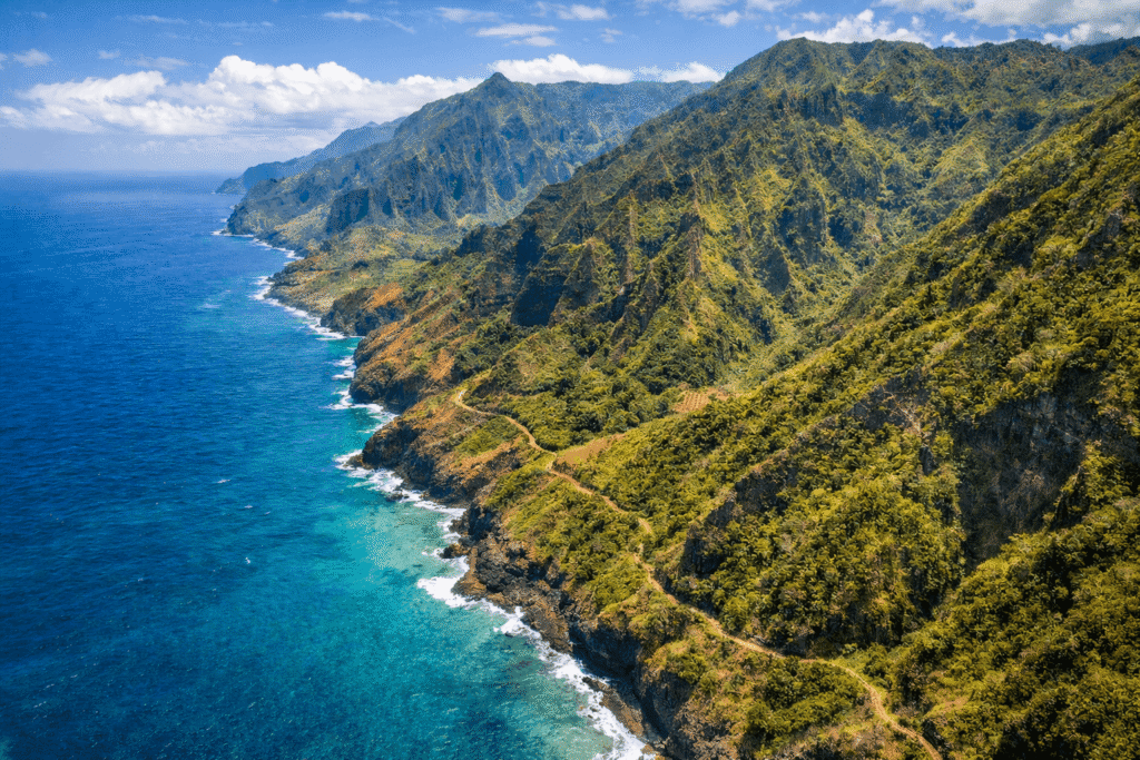 Vue aérienne du Kalalau Trail longeant les falaises spectaculaires de la Na Pali Coast à Kauai, montrant le tracé du sentier entre l’océan Pacifique et les reliefs abrupts de l’île.