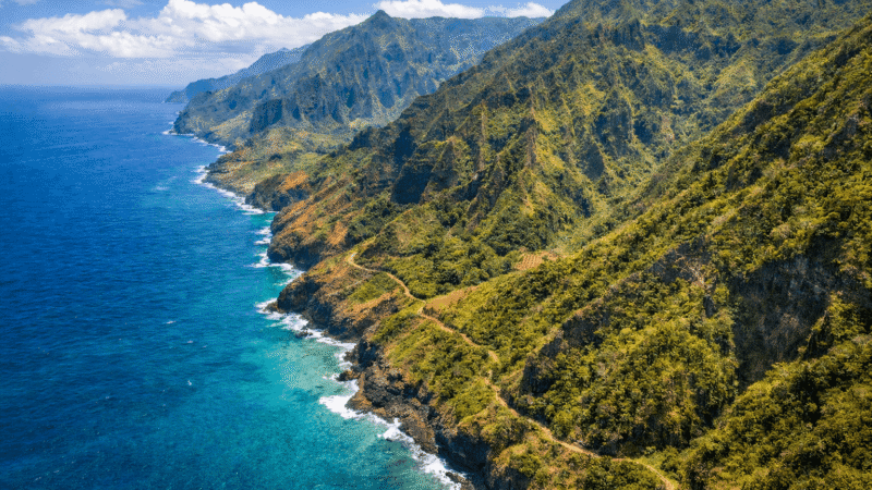 Vue aérienne du Kalalau Trail longeant les falaises spectaculaires de la Na Pali Coast à Kauai, montrant le tracé du sentier entre l’océan Pacifique et les reliefs abrupts de l’île.