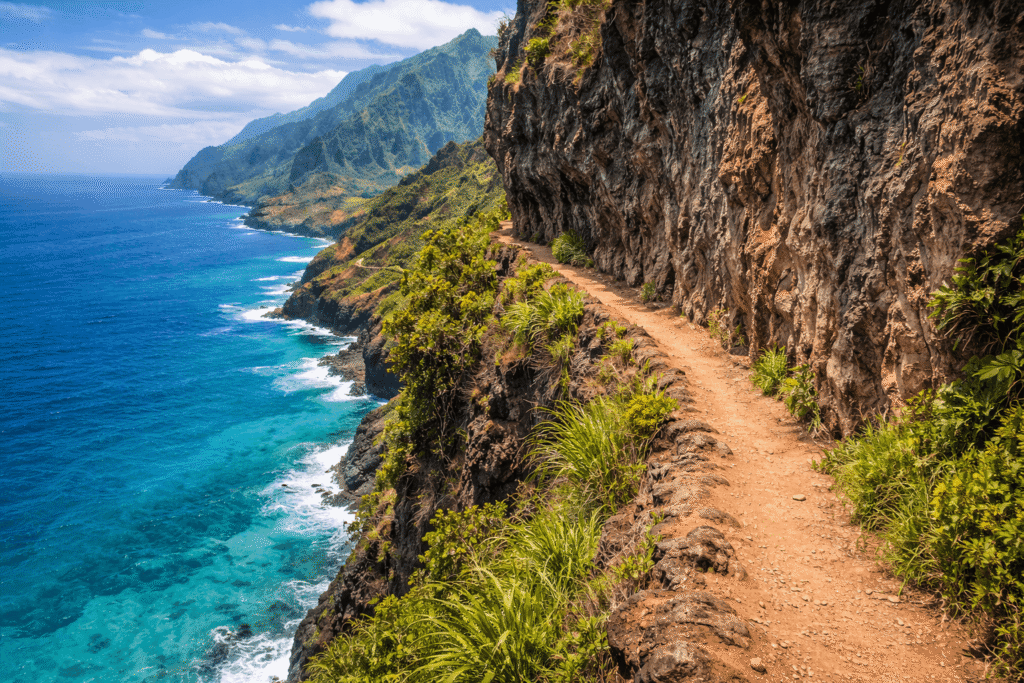 Section étroite du Kalalau Trail creusée dans la falaise, illustrant l’exposition du sentier et la proximité directe avec le vide côté océan.