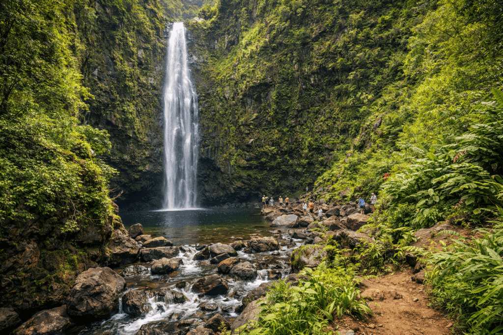 Cascade située dans la vallée de Hanakapiʻai, accessible après la traversée du ruisseau, illustrant un point d’intérêt naturel fréquenté du Kalalau Trail.