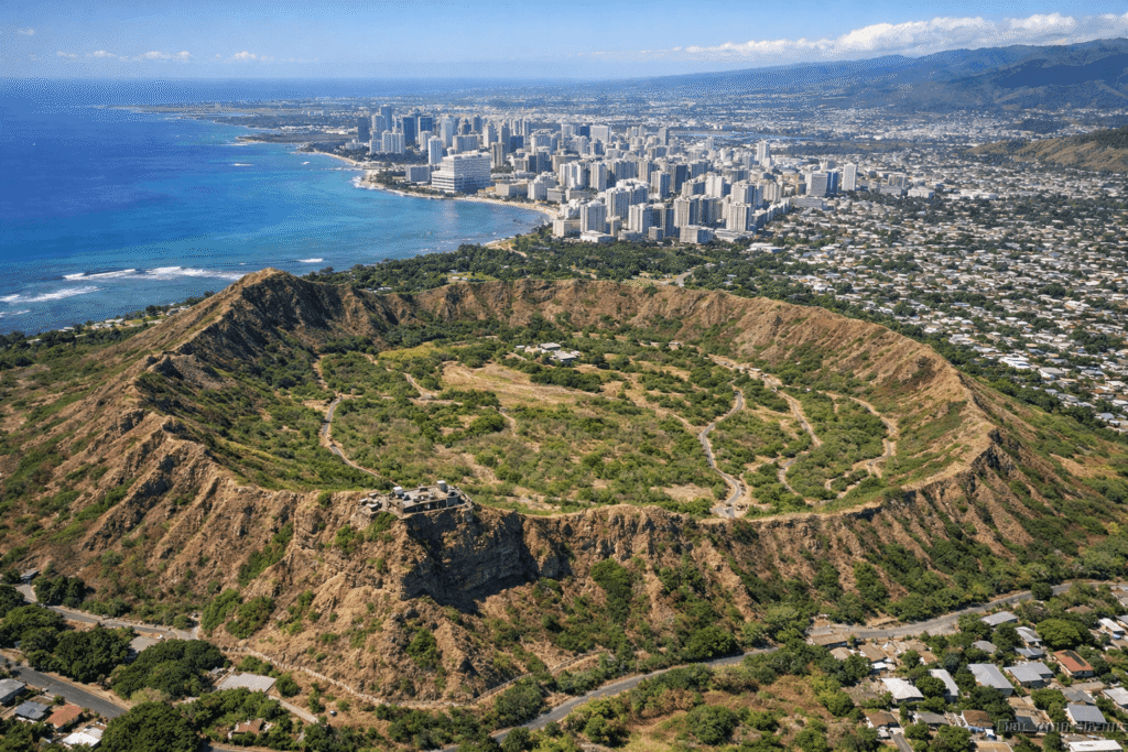 Vue aérienne en plongée montrant la forme circulaire complète du cratère de Diamond Head, avec les sentiers visibles à l’intérieur et la zone urbaine de Honolulu en arrière-plan.