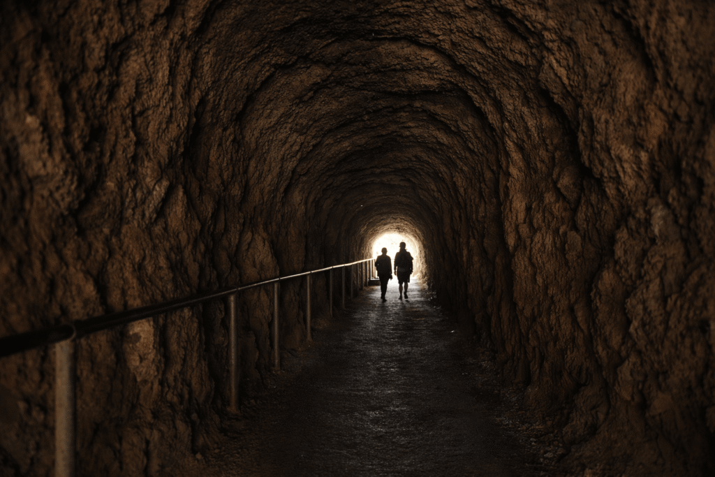 Vue intérieure en format paysage du tunnel historique du Diamond Head Trail, creusé dans la roche volcanique, avec lumière naturelle visible à l’extrémité et marcheurs en silhouette pour donner l’échelle.