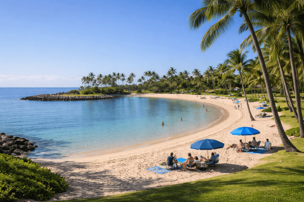 Lagon calme de Ko Olina avec plage de sable et familles sous les palmiers