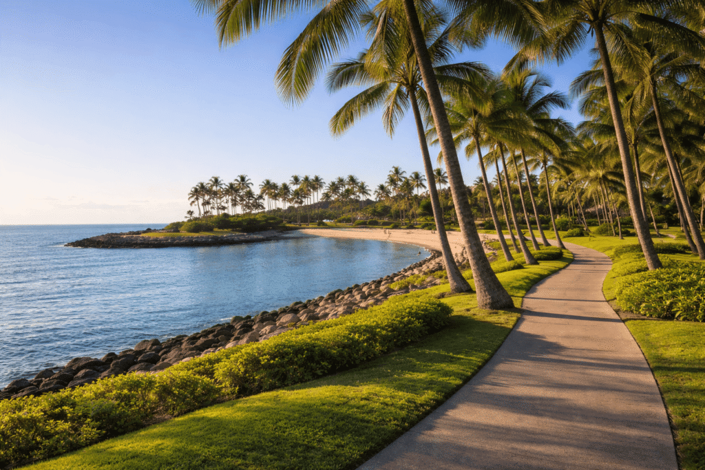 Promenade piétonne bordée de palmiers entre les lagons de Ko Olina