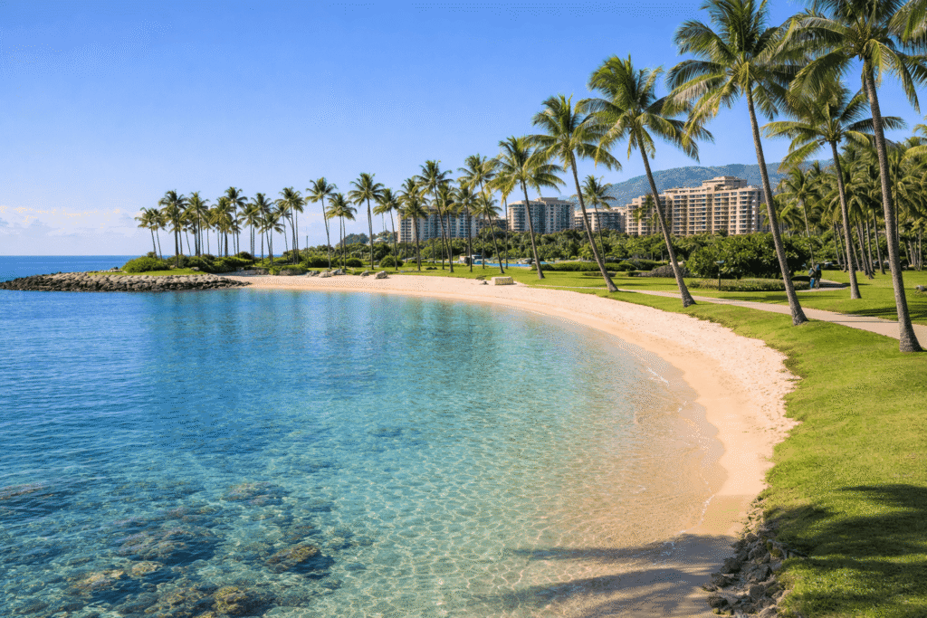 Lagon Naiʻa à Ko Olina avec promenade et palmiers alignés