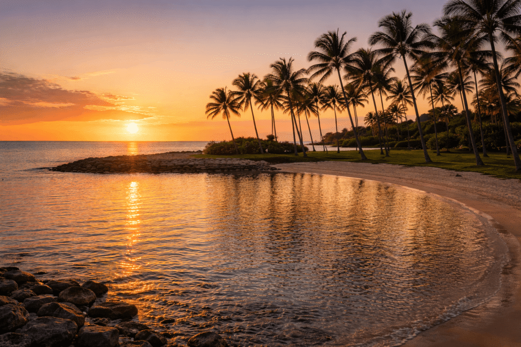 Coucher de soleil sur le lagon Ulua à Ko Olina avec reflets dorés