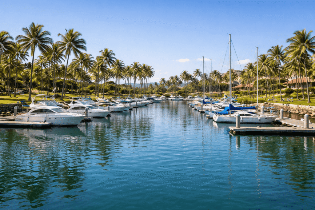 Marina de Ko Olina avec bateaux amarrés et palmiers