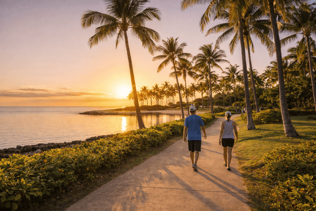 Promenade de Ko Olina en lumière dorée de fin d’après-midi