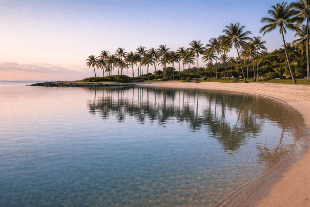 Eau parfaitement lisse dans un lagon de Ko Olina au petit matin