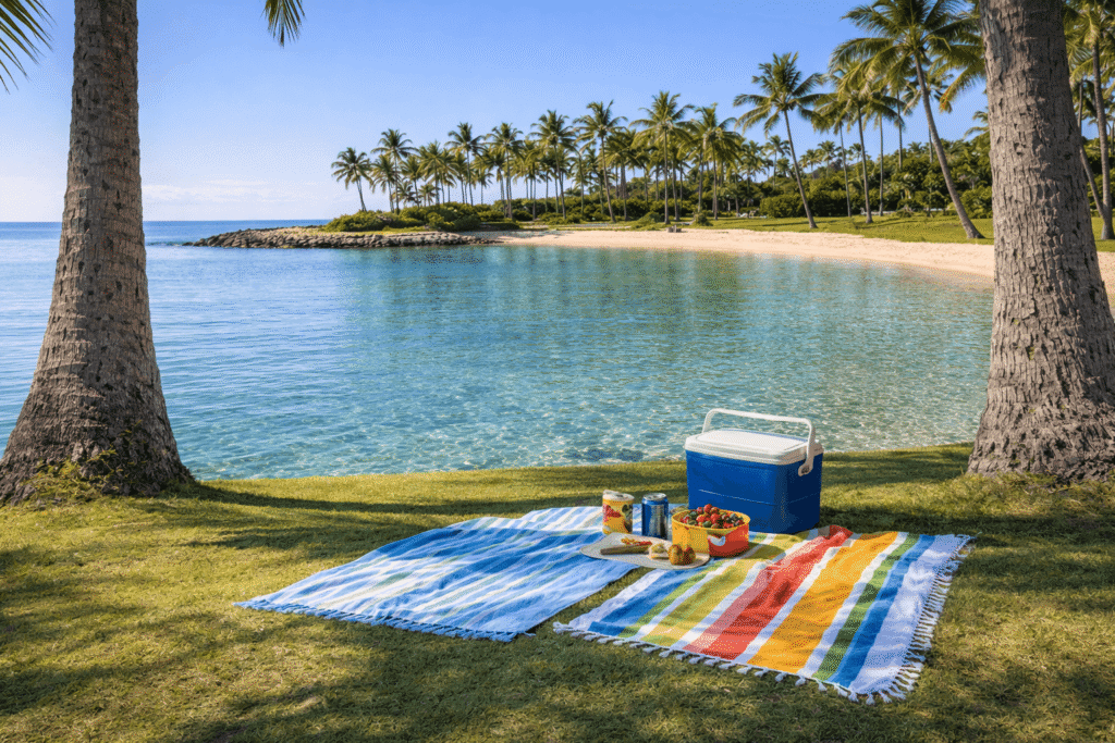 Pique-nique sous les palmiers près d’un lagon de Ko Olina