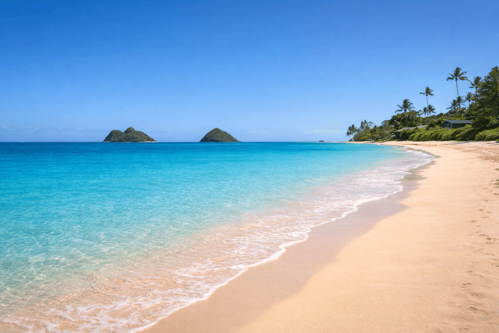 Vue panoramique de Lanikai Beach sous un ciel bleu avec eau turquoise