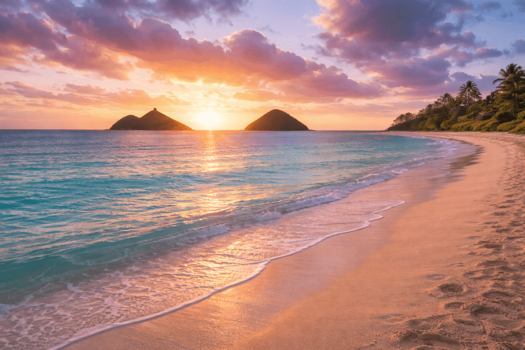 Lever de soleil sur Lanikai Beach à Oahu avec les îlots Mokulua à l’horizon