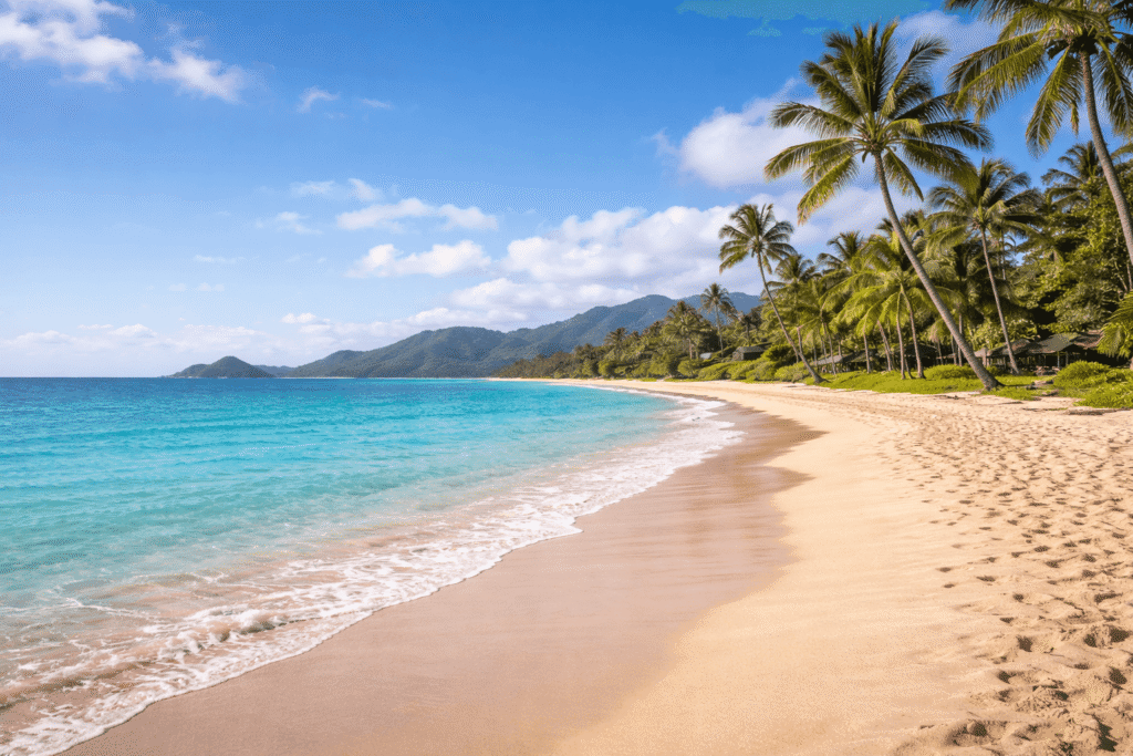Large plage de Kailua Beach Park avec eau turquoise et palmiers