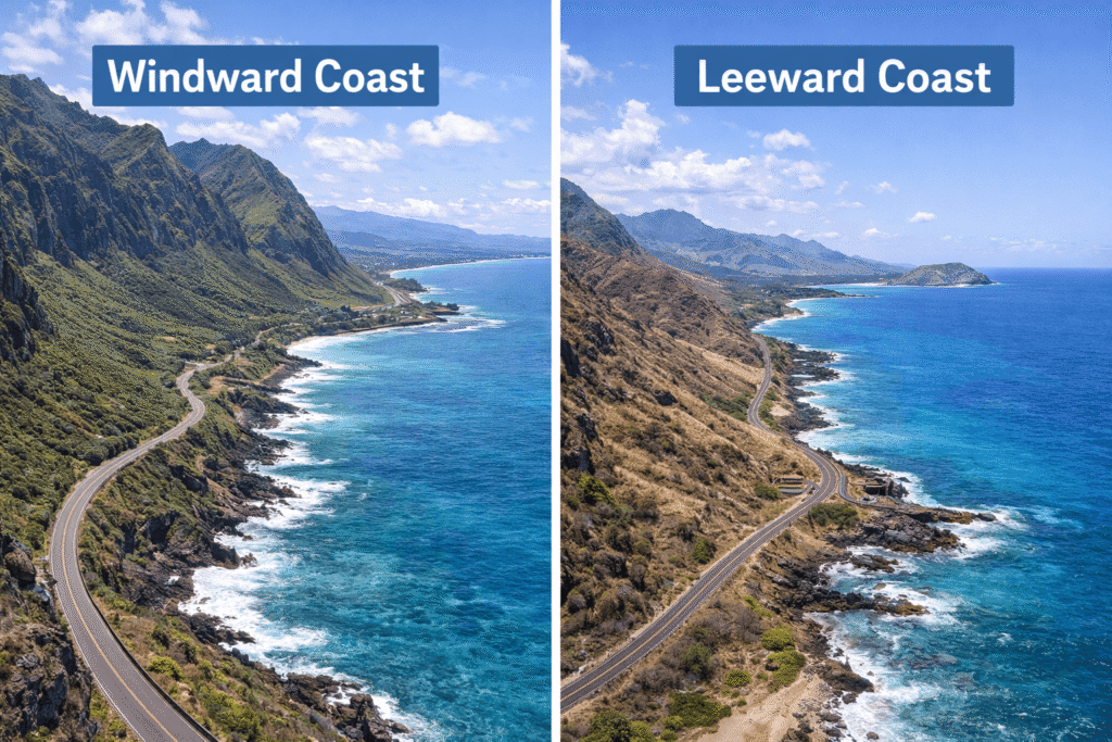 Côte verdoyante de la Windward Coast contrastant avec une zone plus sèche