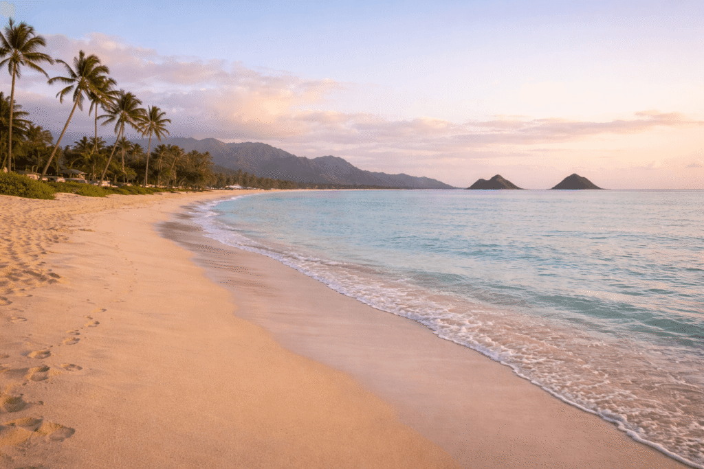 Kailua Beach tôt le matin avec mer calme et plage peu fréquentée